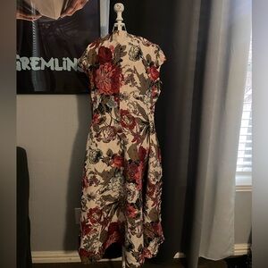 red and tan floral dress
